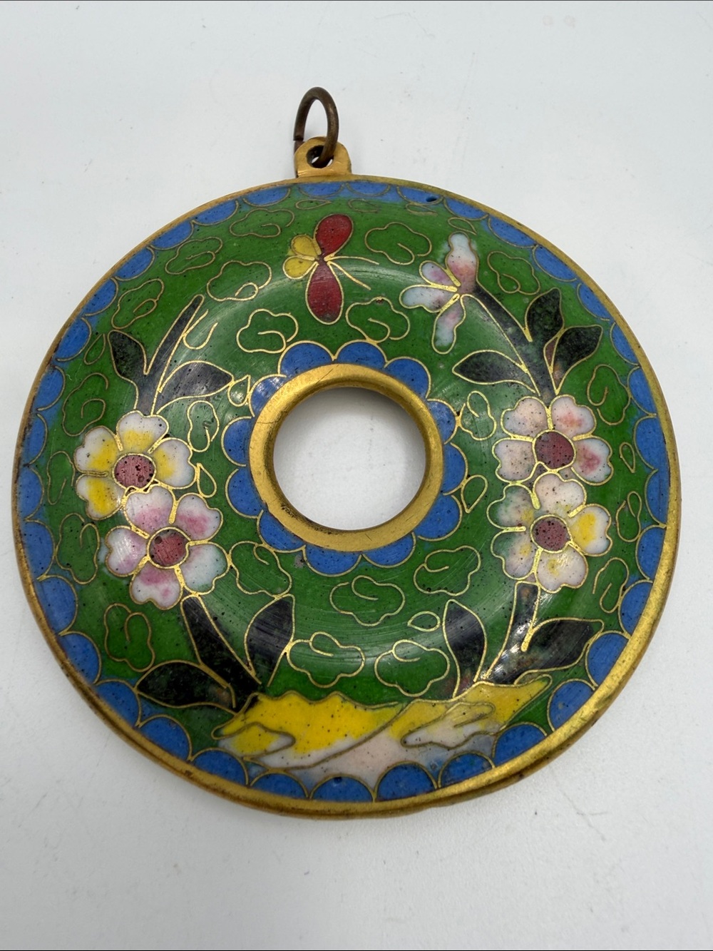 Vtg Cloisonne Bi Disc Enamel Pendant Floral Medallion - Picture 2 of 3